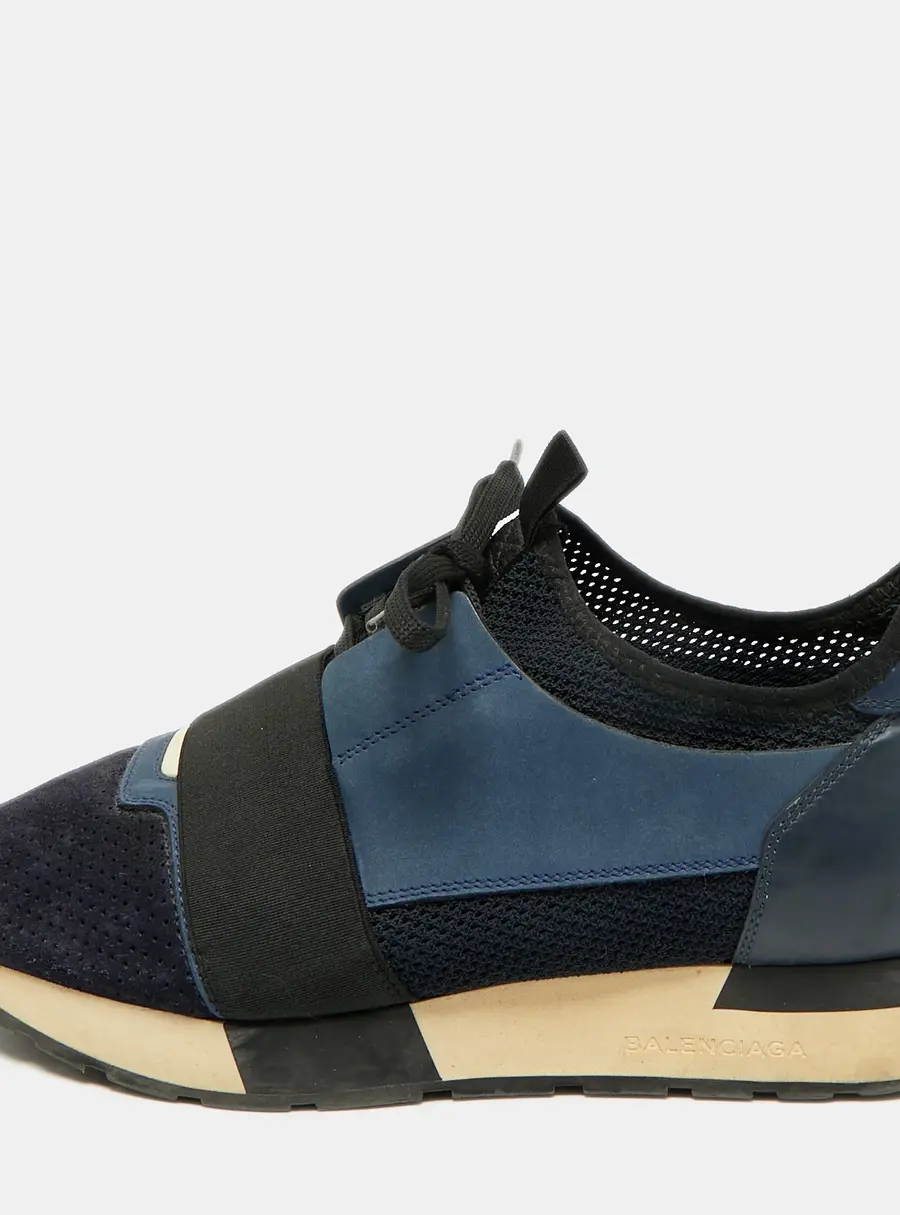 Balenciaga Race Runner Size 40 Navy Blue Leather and Mesh Low Top Sneakers