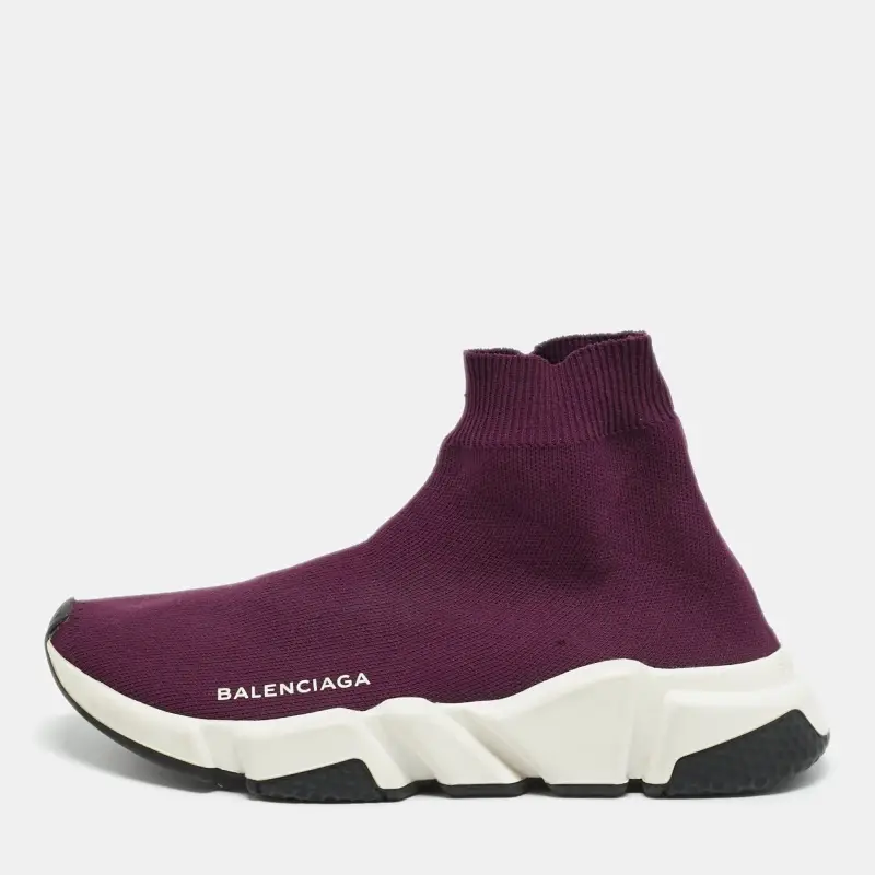Balenciaga Speed Trainer Size 38 Burgundy Knit Fabric High Top Sneakers