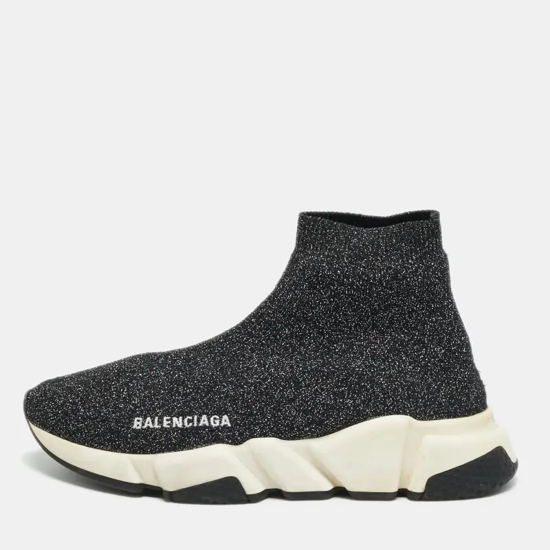Balenciaga Speed Trainer Size 37 Black/Silver Knit Fabric High Top Sneakers