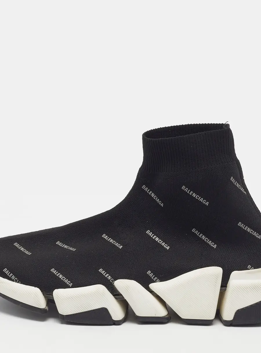 Balenciaga Speed Trainer Size 38 Black Knit Fabric Allover Logo High Top Sneakers