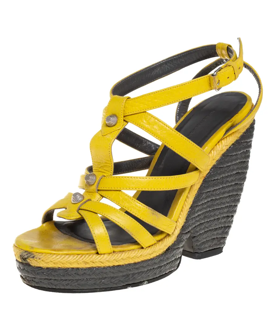 Balenciaga Yellow Leather Wedge Ankle Strap Sandals Size 38
