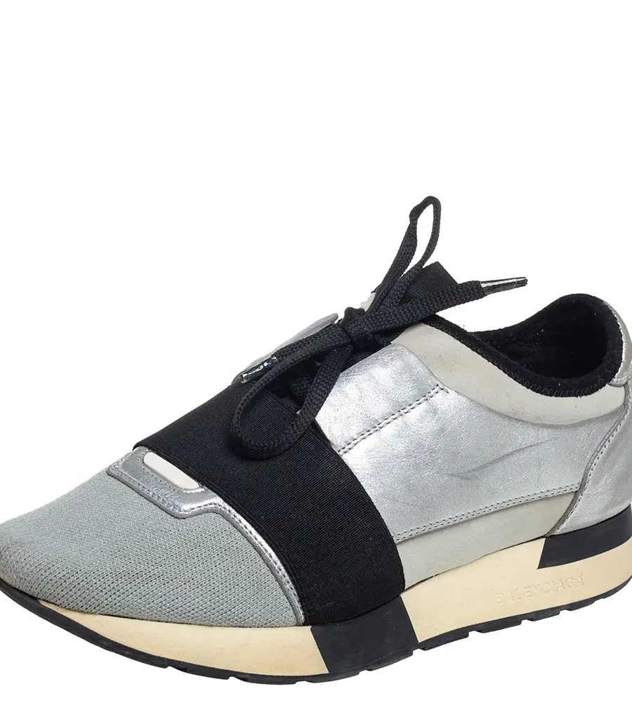Balenciaga Grey/Silver Leather And Knit Fabric Race Runner Sneakers Size 38