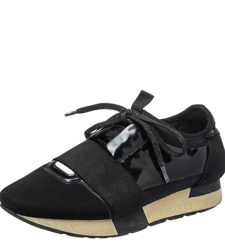 Balenciaga Black Patent Leather And Neoprene Race Runner Low Top Sneakers Size 38