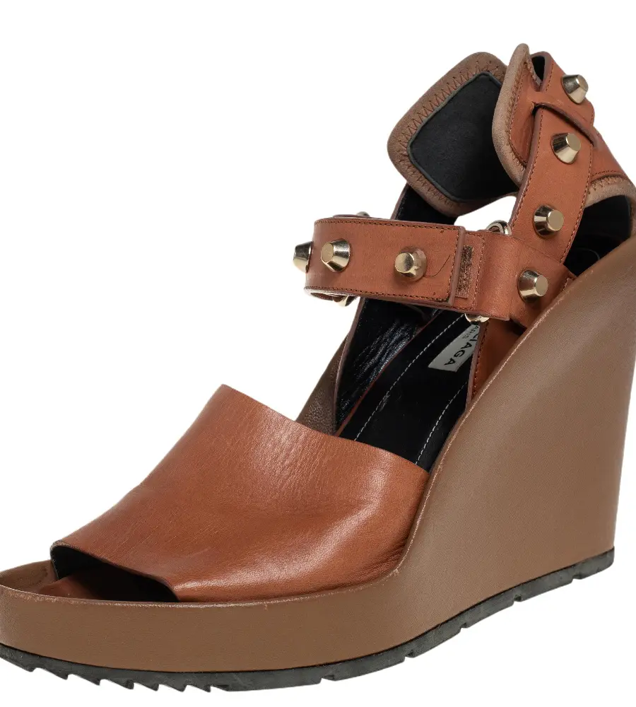 Balenciaga Brown Leather Wedge Ankle Strap Sandals Size 38.5