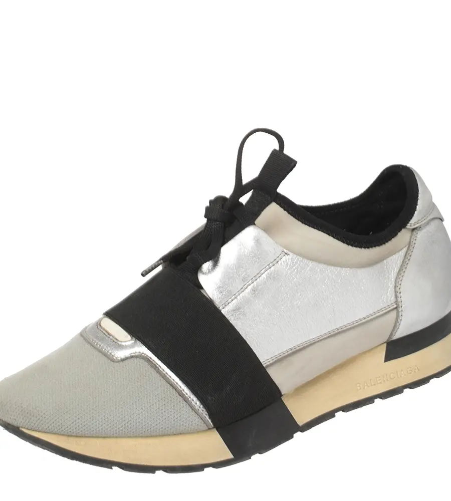 Balenciaga Silver/Black Leather And Fabric Race Runner Sneakers Size 40
