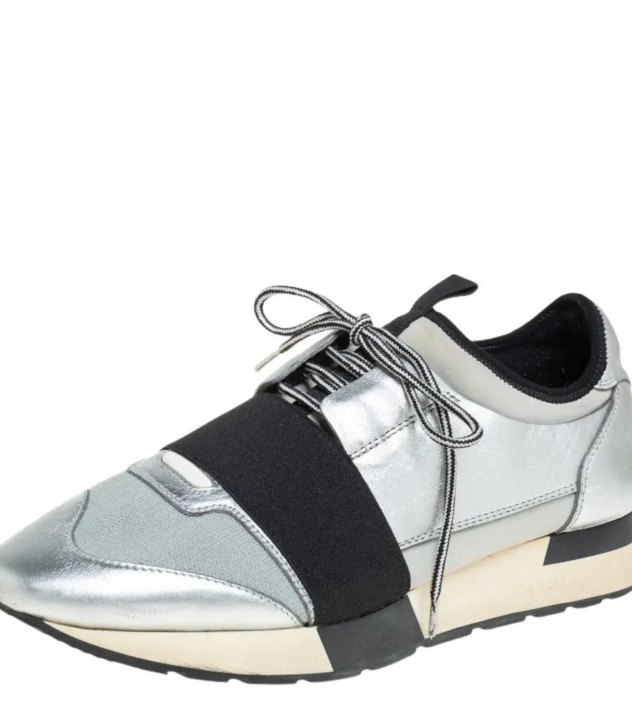 Balenciaga Race Runner Size 38 Silver Knit Fabric, Leather and Neoprene Low Top Sneakers
