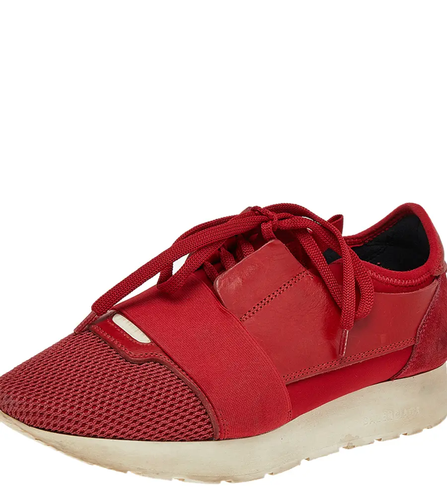 Balenciaga Red Mesh,Leather and Suede Race Runner Low Top Sneakers Size 38