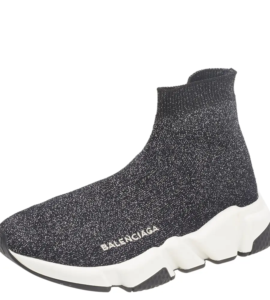 Balenciaga Black/Silver Glitter Knit Fabric Speed Trainer Sneakers Size 35
