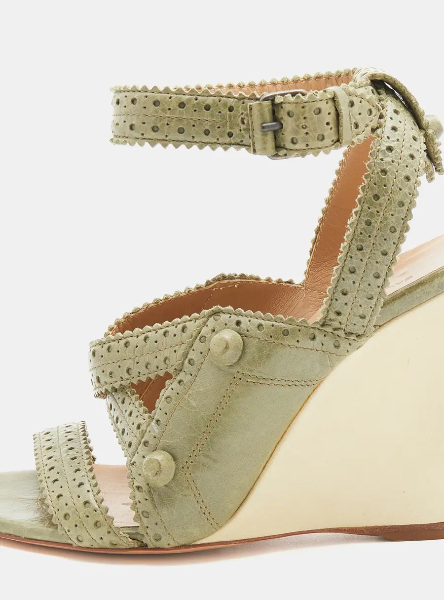 Balenciaga Green Brogue Leather Strappy Wedge Sandals Size 36