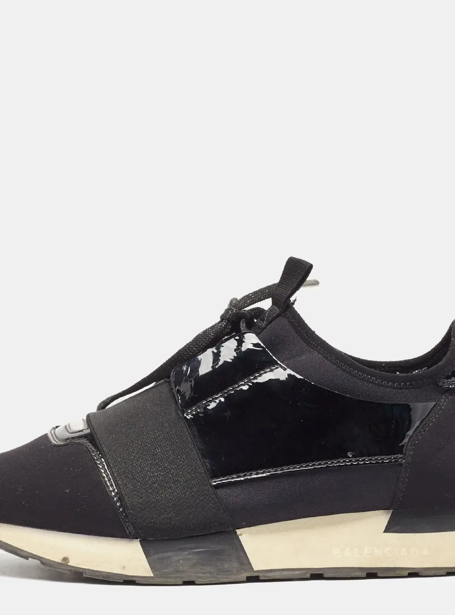 Balenciaga Black Patent Leather and Fabric Race Runner Low Top Sneakers Size 38