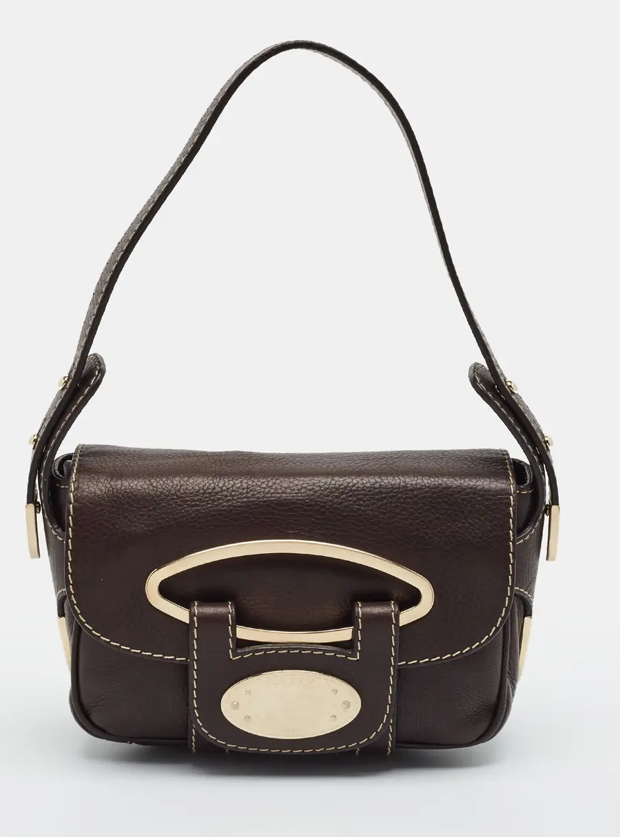 Bally Logo Plague Flap Dark Brown Leather Shoulder Bag
