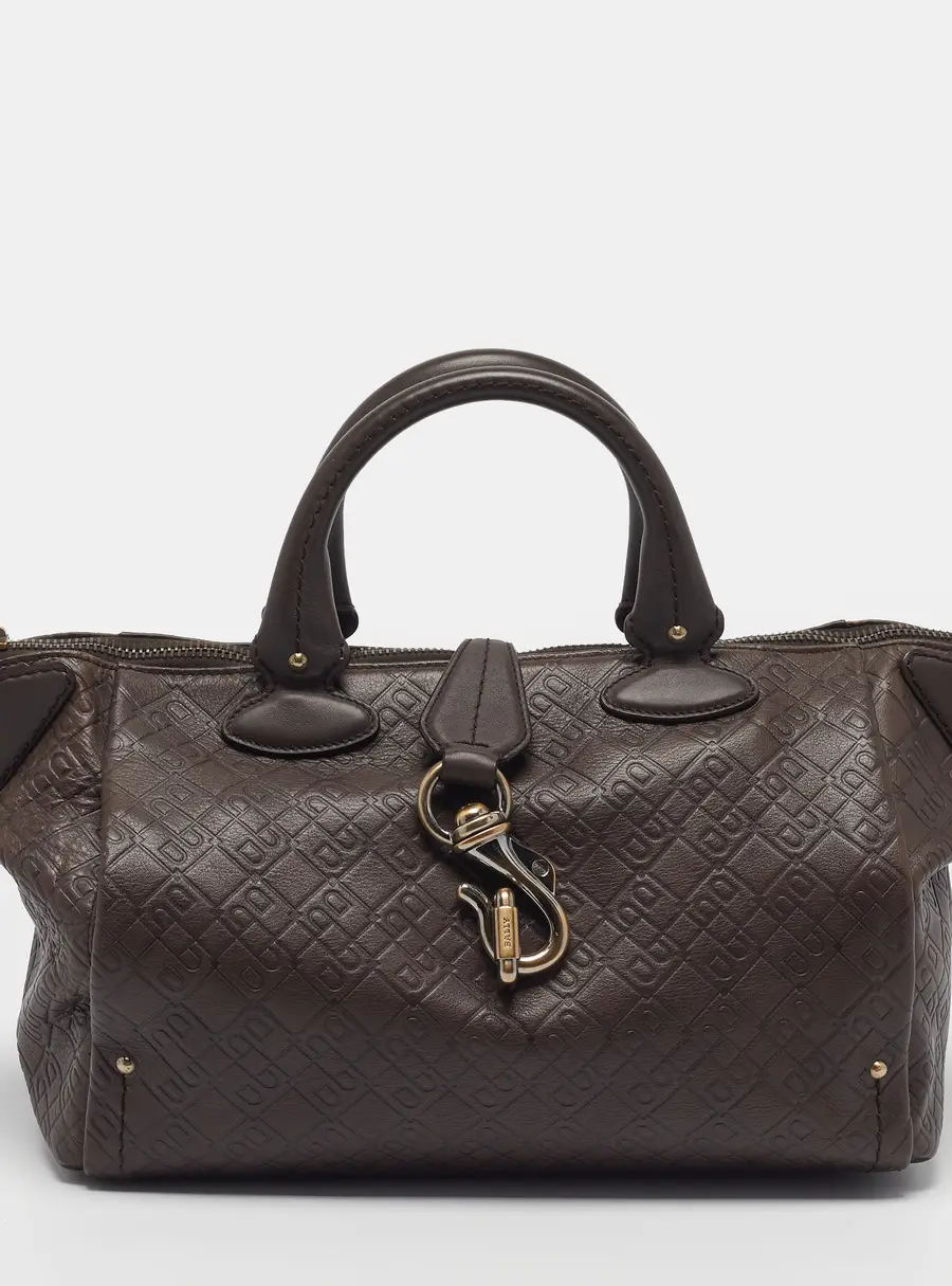 Bally Clasp Dark Brown Monogram Embossed Leather Satchel