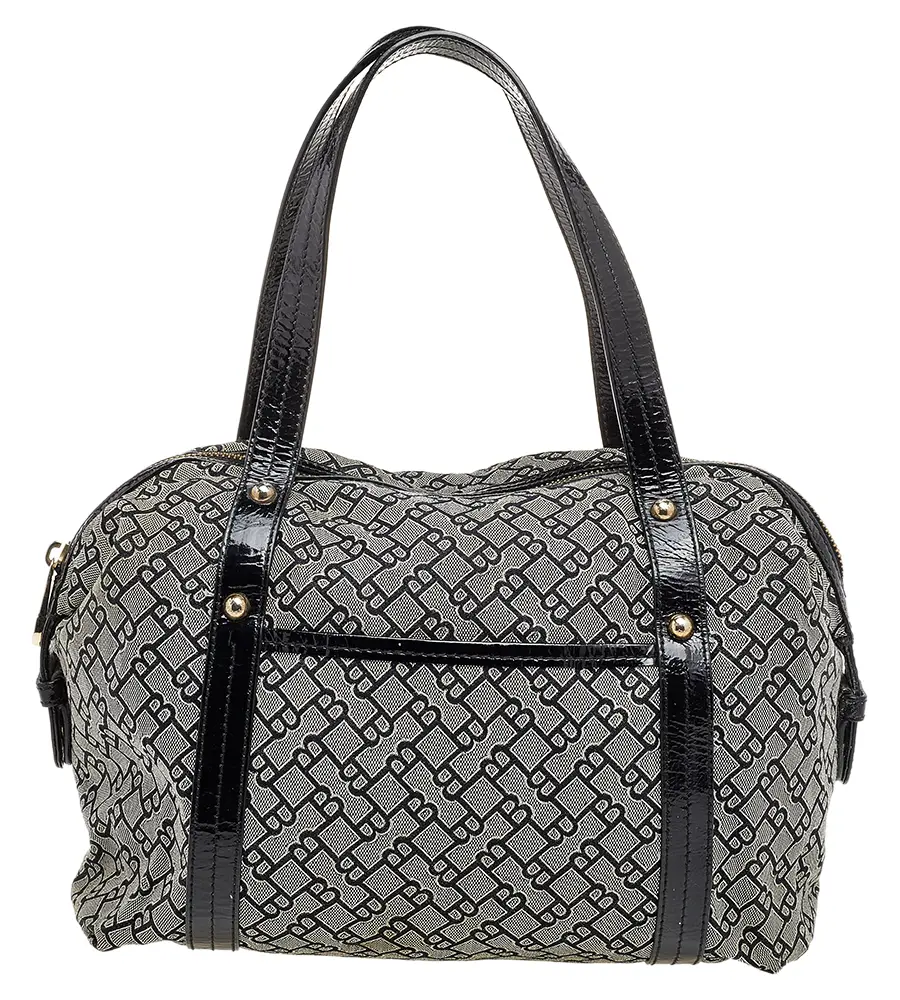 Bally Grey /Black Patent Leather And Canvas Satchel