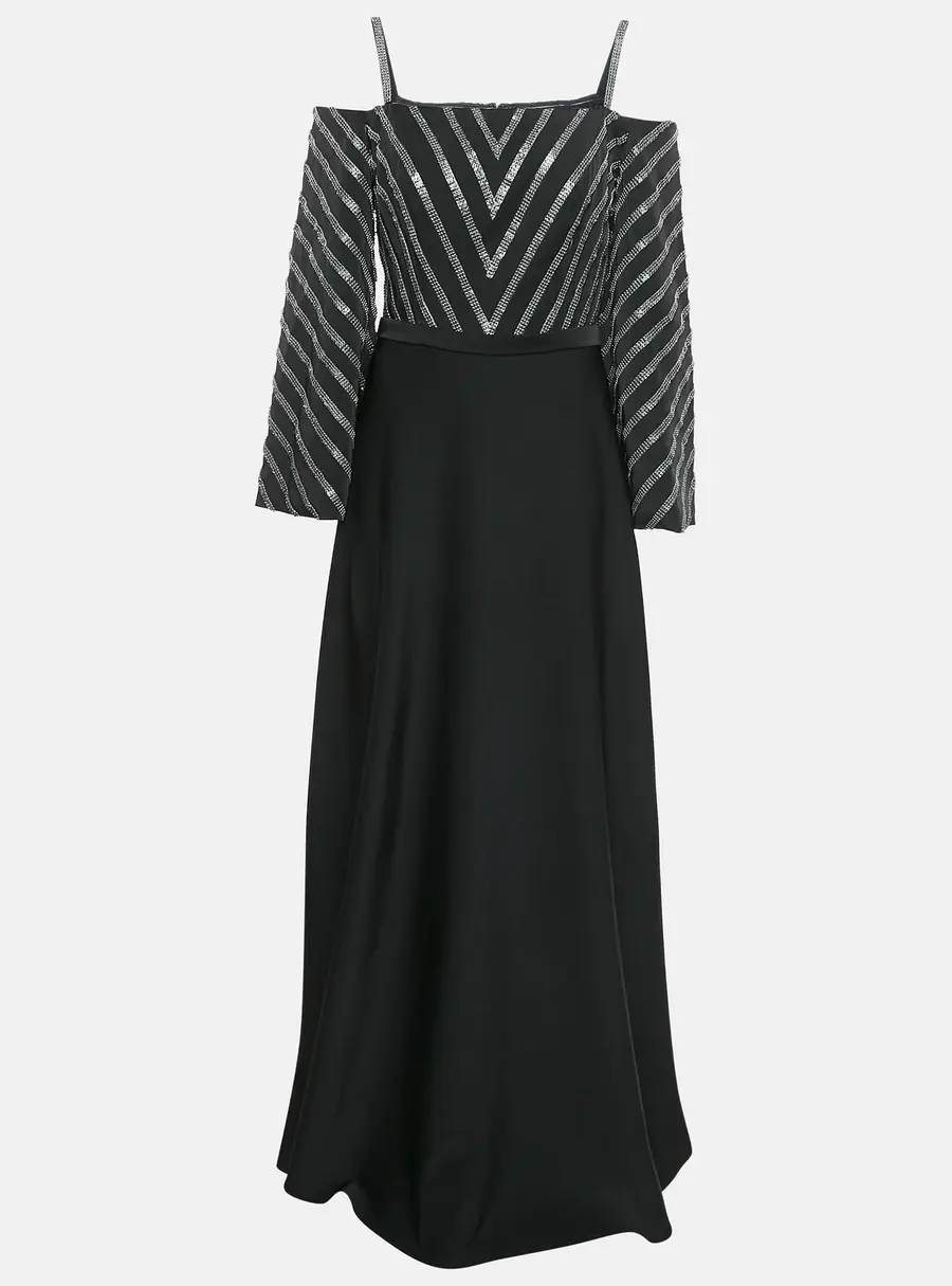 Basix Black Embellished Crepe Cold-Shoulder Gown M
