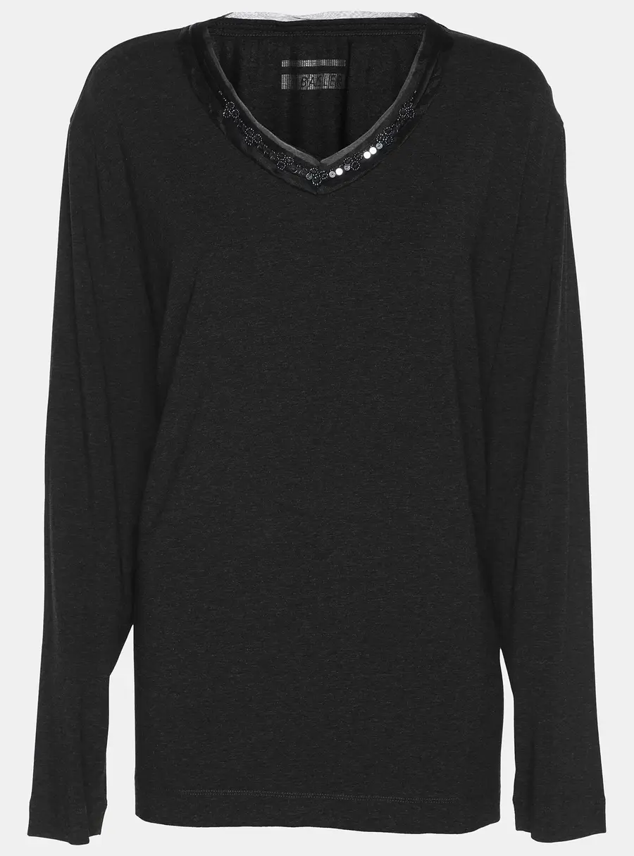 Basler Dark Grey Stretch Knit Ribbon Embellished V Neck Shirt XL