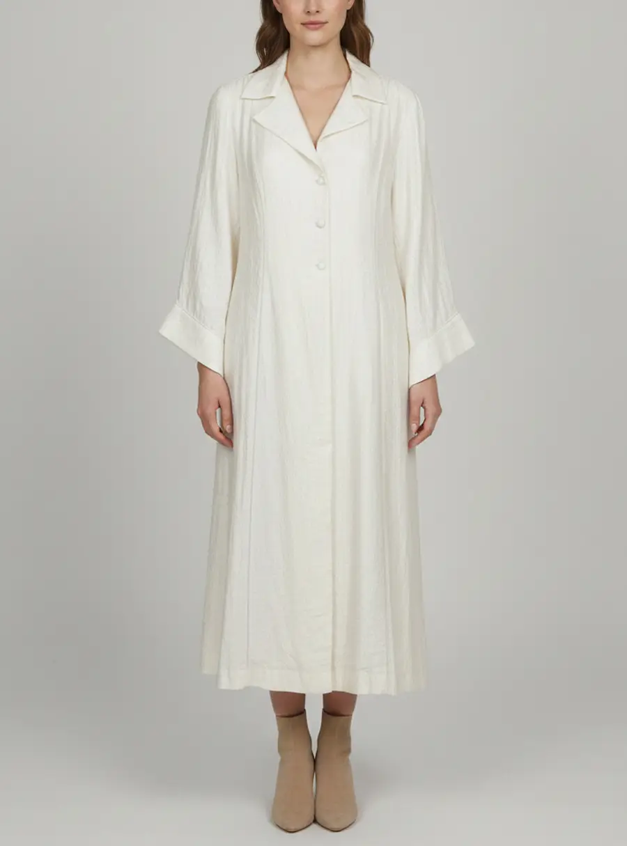 Baruni Cream Textured Silk Blend Button Front Maxi Shirt Dress L