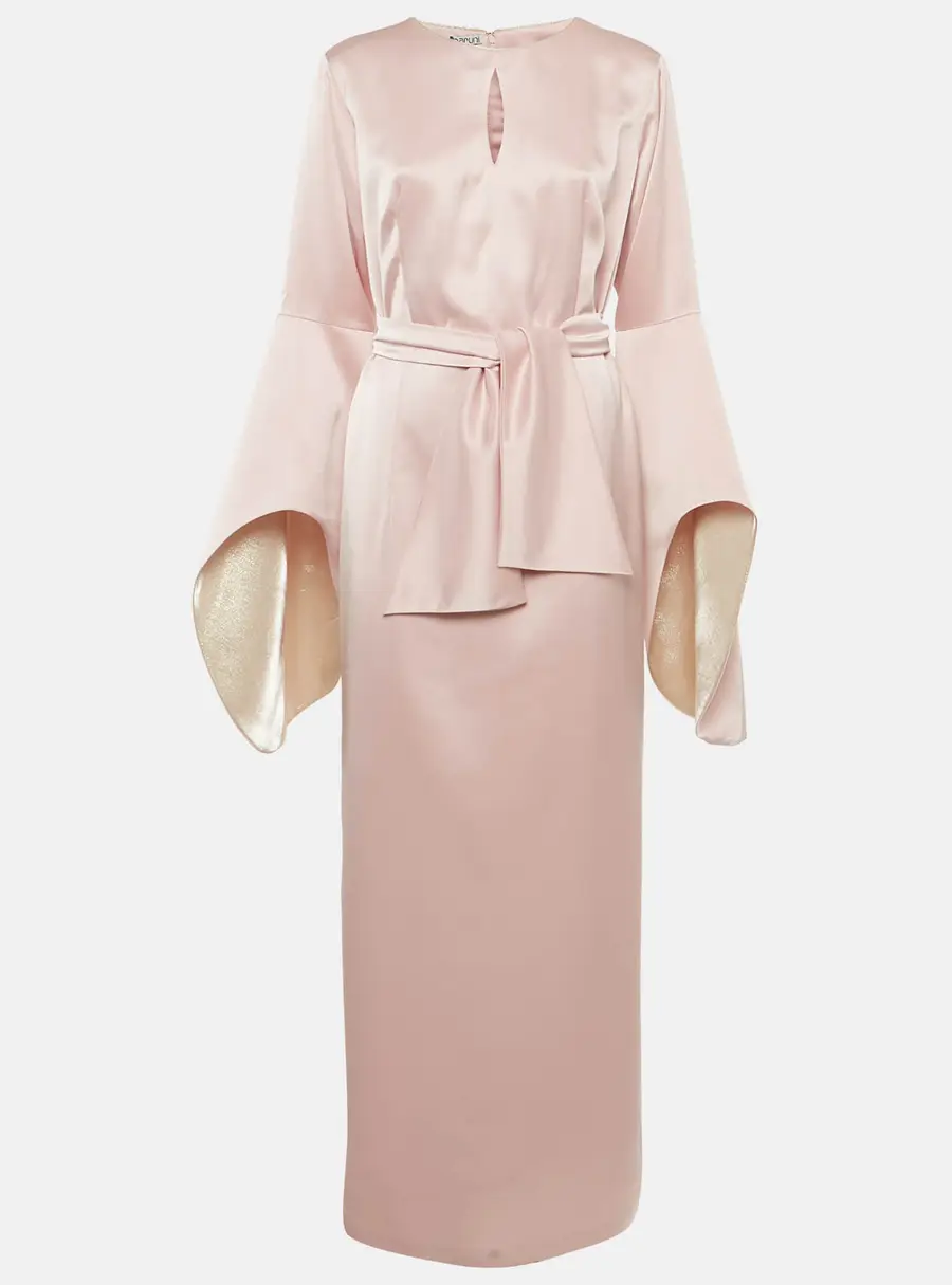 Baruni Pink Satin Sleeve Detail Belted Alchemilla Maxi Dress XL