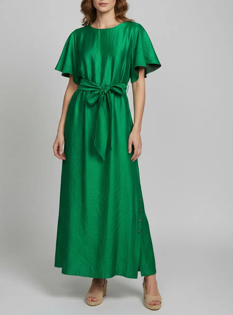 Baruni Green Crepe Bateau Neck Slit Belted Maxi Dress L