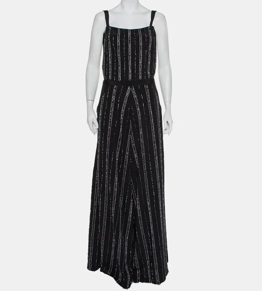 Bazza Alzouman Black Silk Sequin Embellished Open Back Wide Leg Jumpsuit L