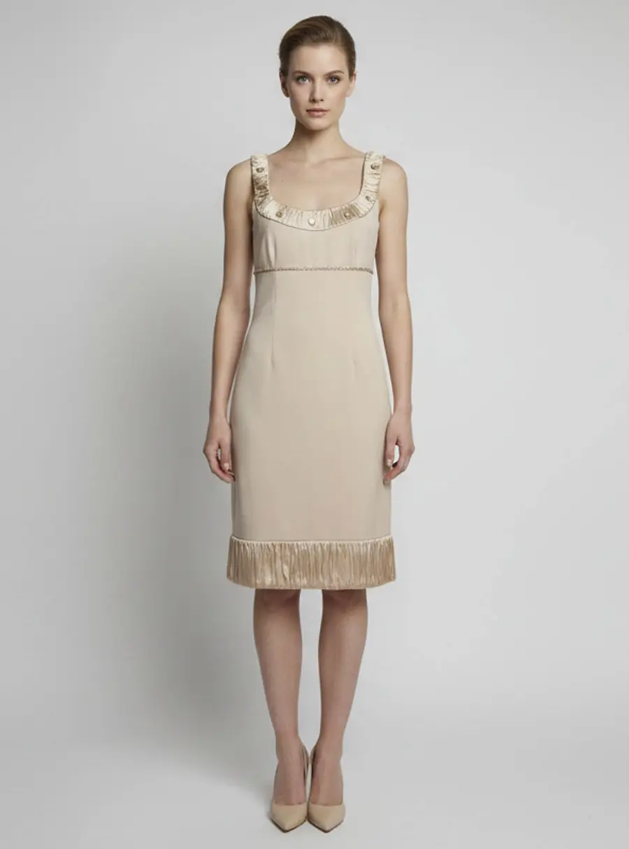 Blumarine Beige Wool Blend Satin Trim Crystal Embellished Dress S