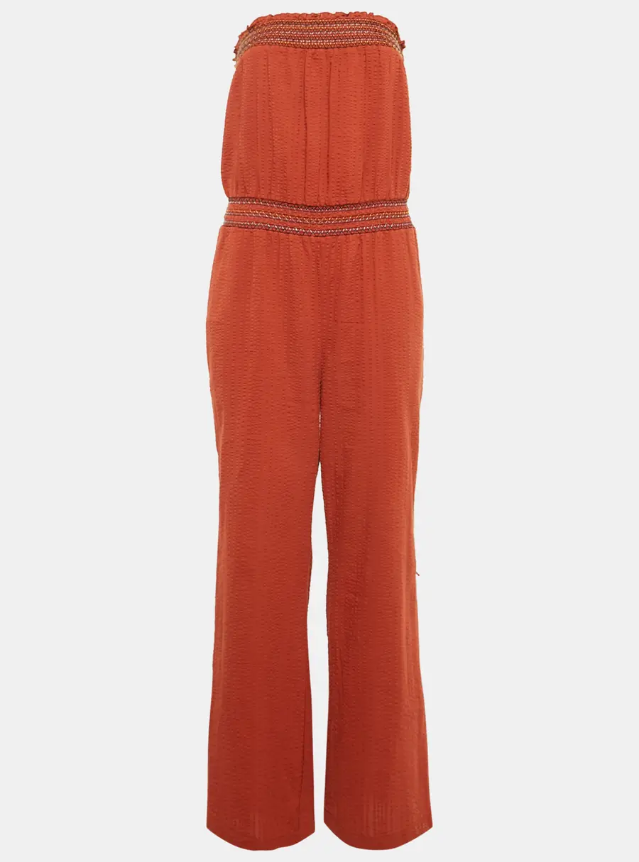 Boss Orange By Hugo Boss Burnt Orange Seersucker Strapless Jumpsuit S