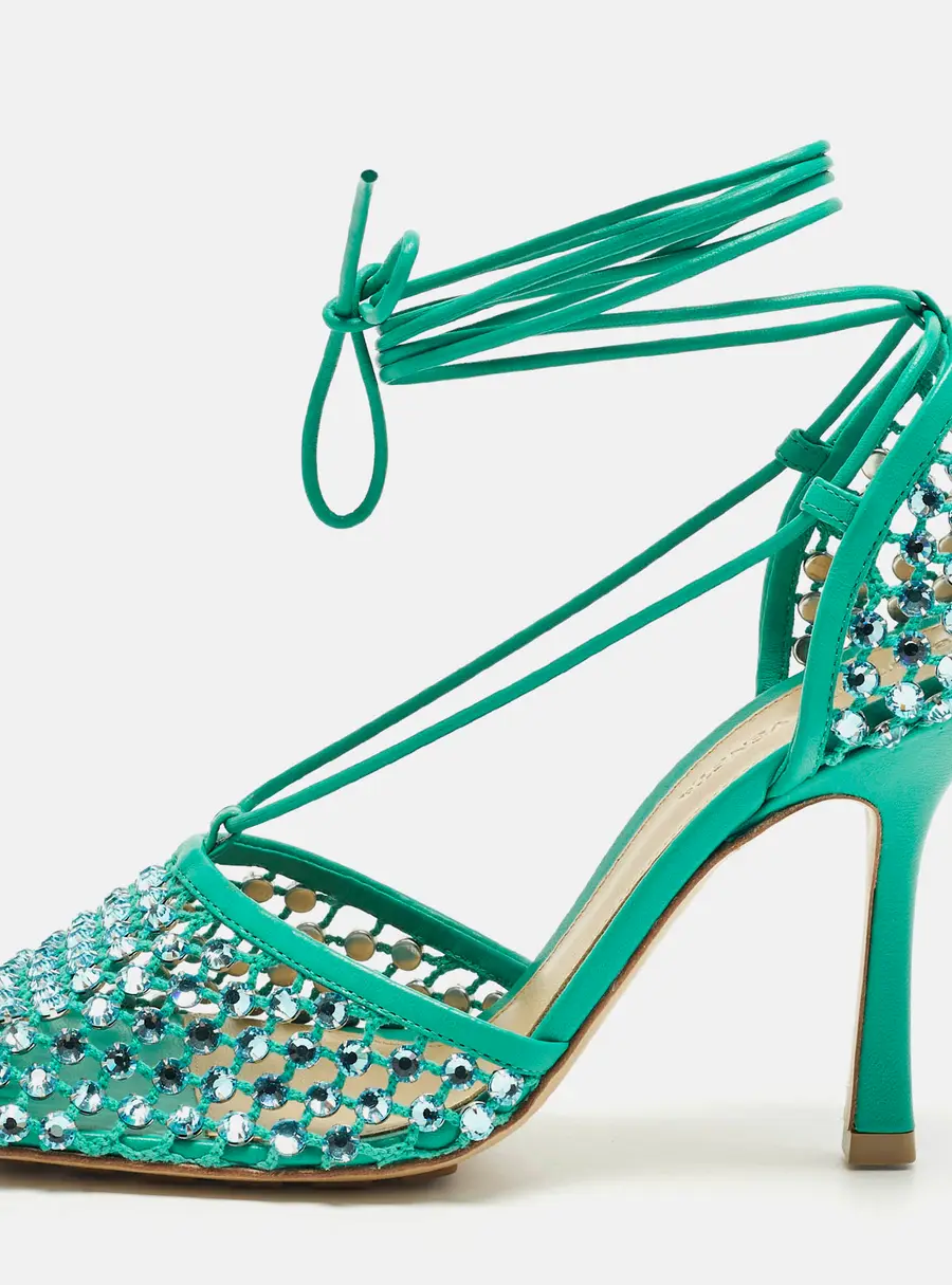 Bottega Veneta Stretch Size 38 Green Leather and Mesh Crystal Embellished Ankle Wrap Pumps