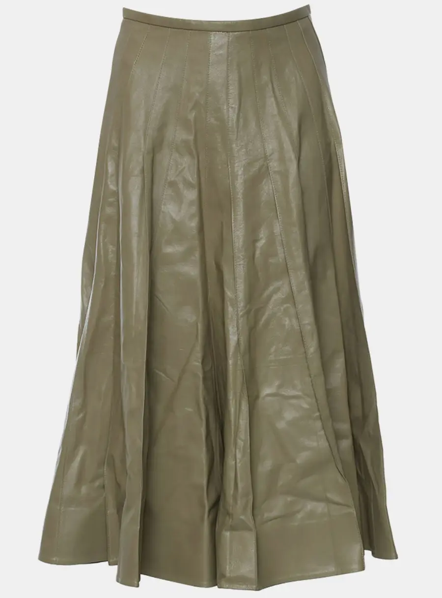 Bottega Veneta Pleated Beige Leather Women's Midi Skirt M