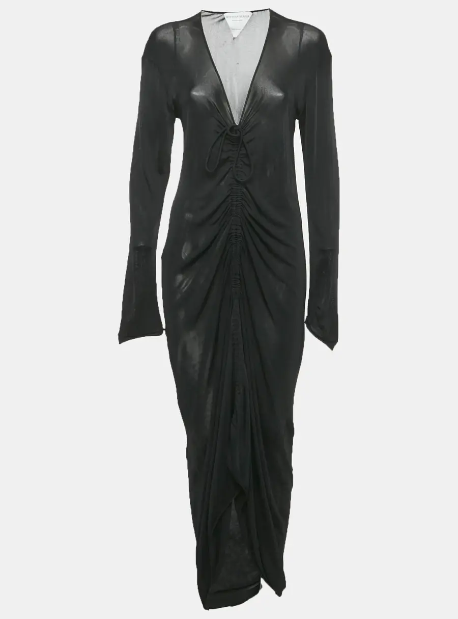 Bottega Veneta Black Stretch Knit Ruche Midi Dress S