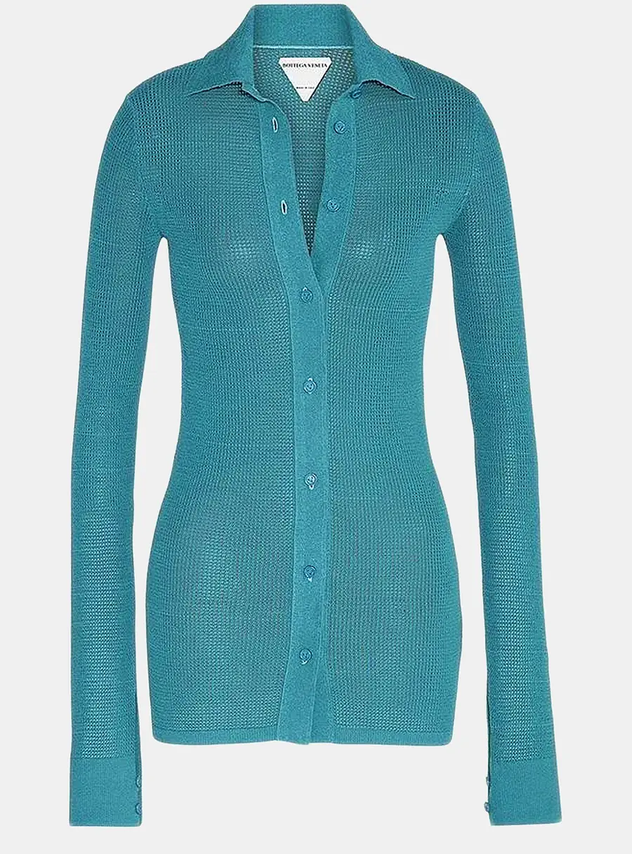Bottega Veneta Turquoise Mesh Knit Sheer Shirt XS