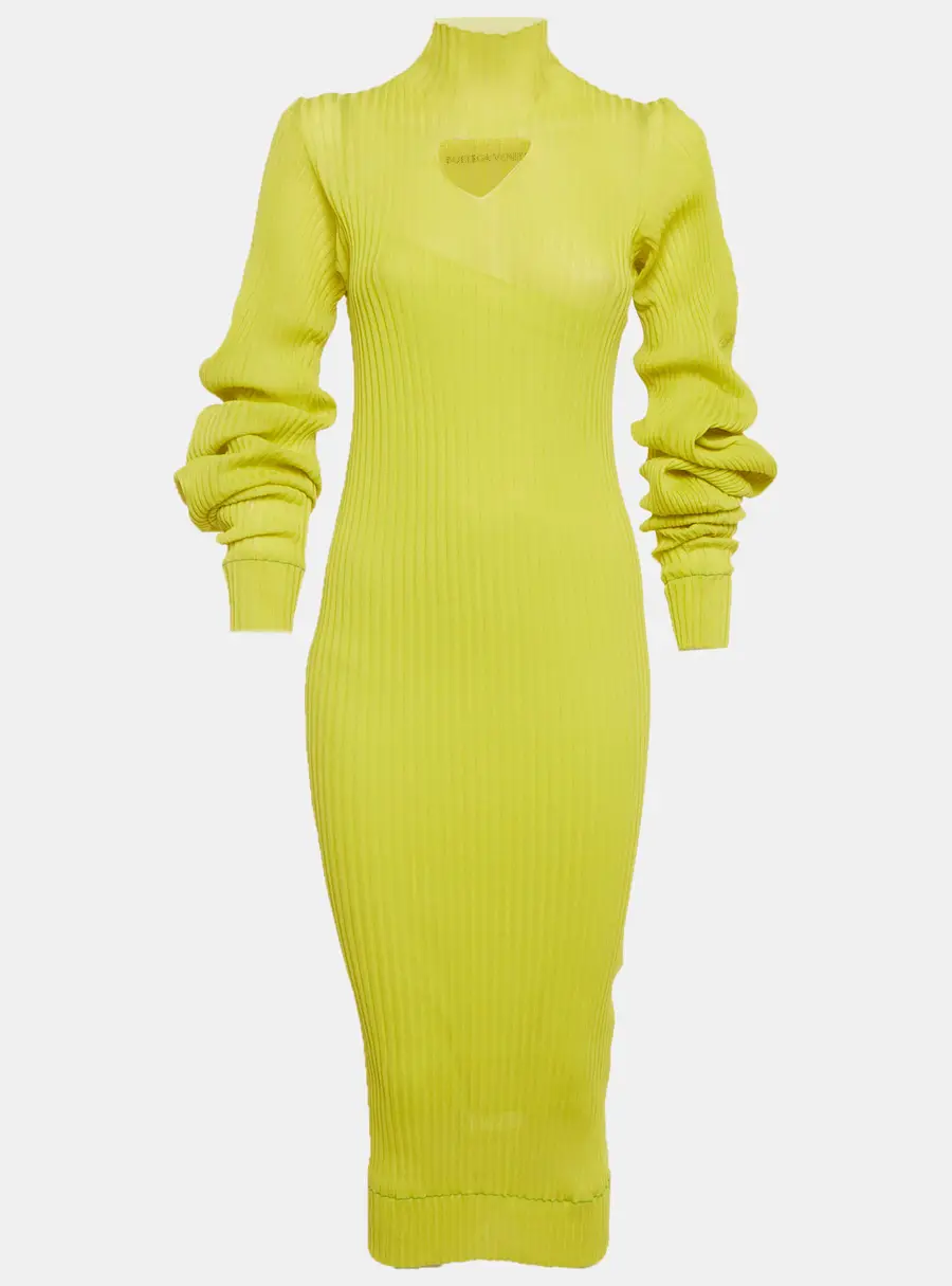 Bottega Veneta Neon Green Rib Knit Keyhole Detail Midi Dress S