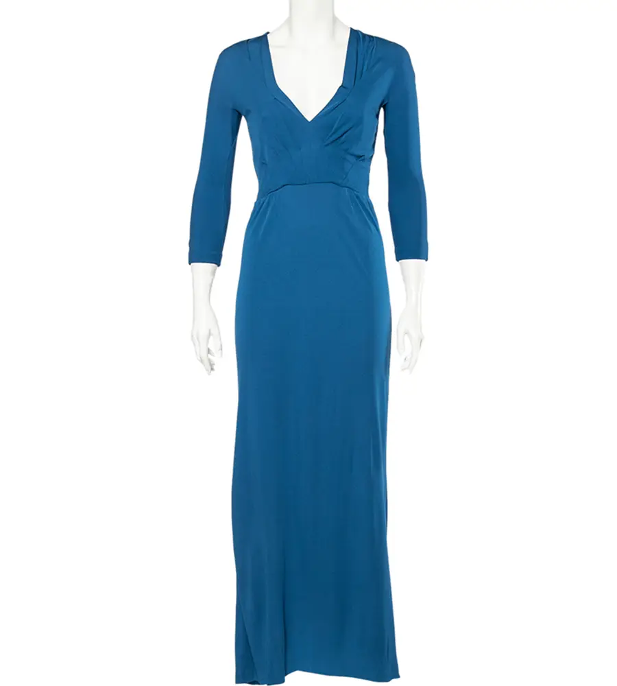 Bottega Veneta Blue Crepe V-Neck Long Sleeve Maxi Dress S