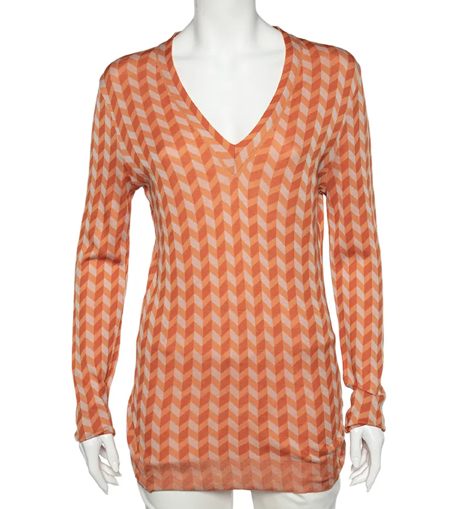 Bottega Veneta Orange Chevron Knit V-Neck Long Sleeve Sweater M