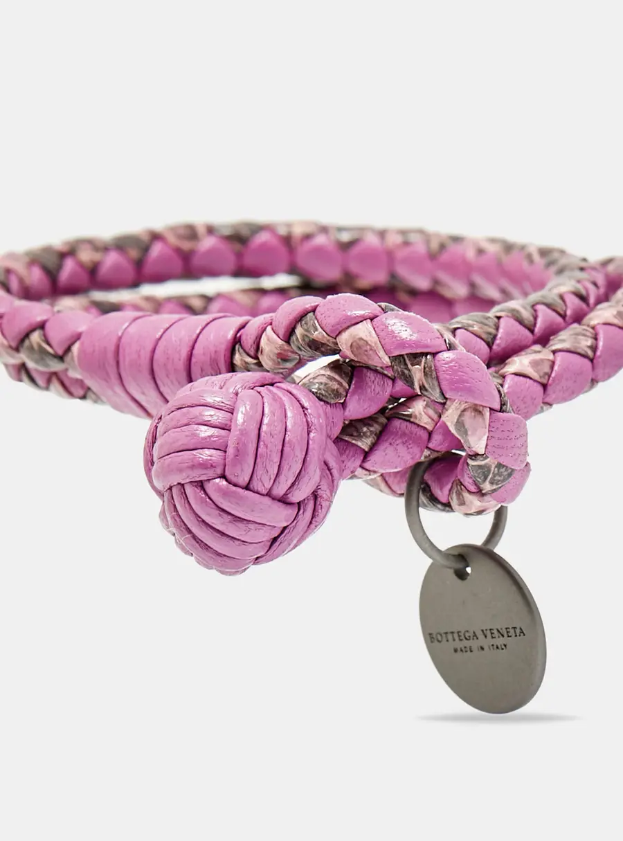 Bottega Veneta Intrecciato Purple Double Knot Leather Gunmetal Tone Bracelet