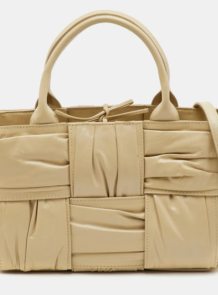 Bottega Veneta Acro Porridge Mini Beige Wide Woven Leather Tote