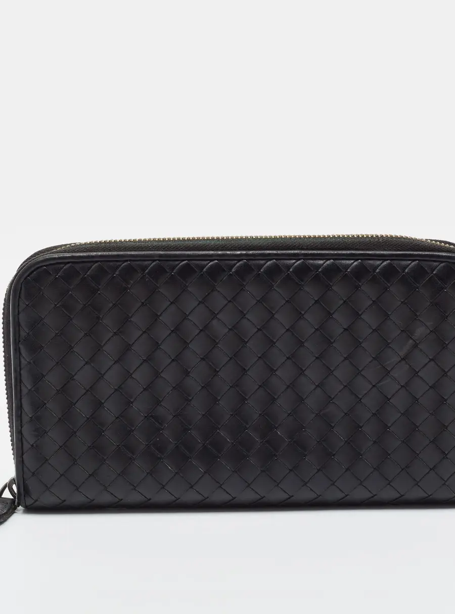 Bottega Veneta Zip Black Intrecciato Leather Continental Wallet