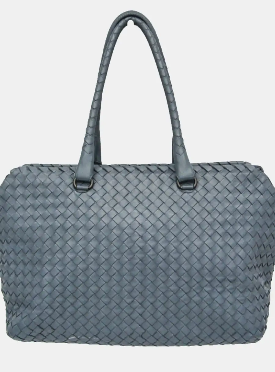 Bottega Veneta Intrecciato Medium Light Blue Gray Lambskin Leather Boston Bag