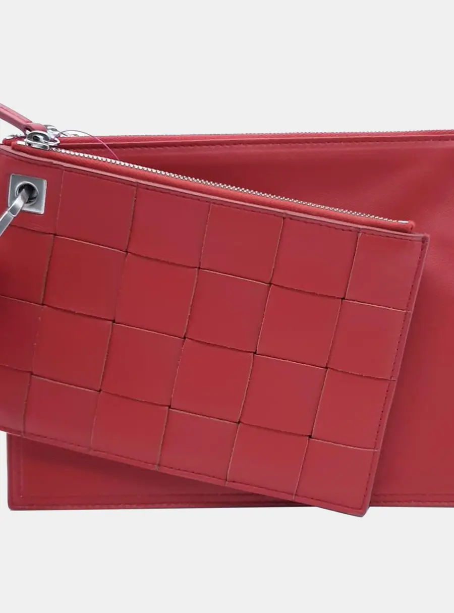 Bottega Veneta Double Pouch Small Red Smooth Maxi Intrecciato Leather Clutch Bag