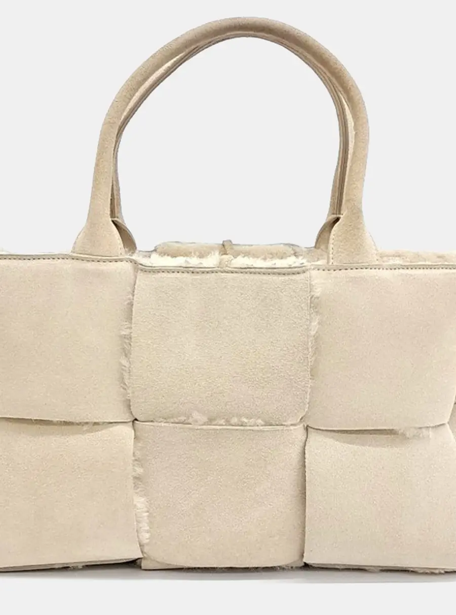 Bottega Veneta Small Arco Beige Suede Shearling Tote Bag