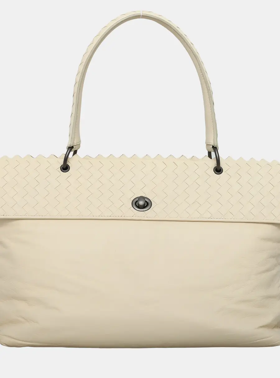 Bottega Veneta Intrecciato Top Handle Off-White Leather Top Handle Bag
