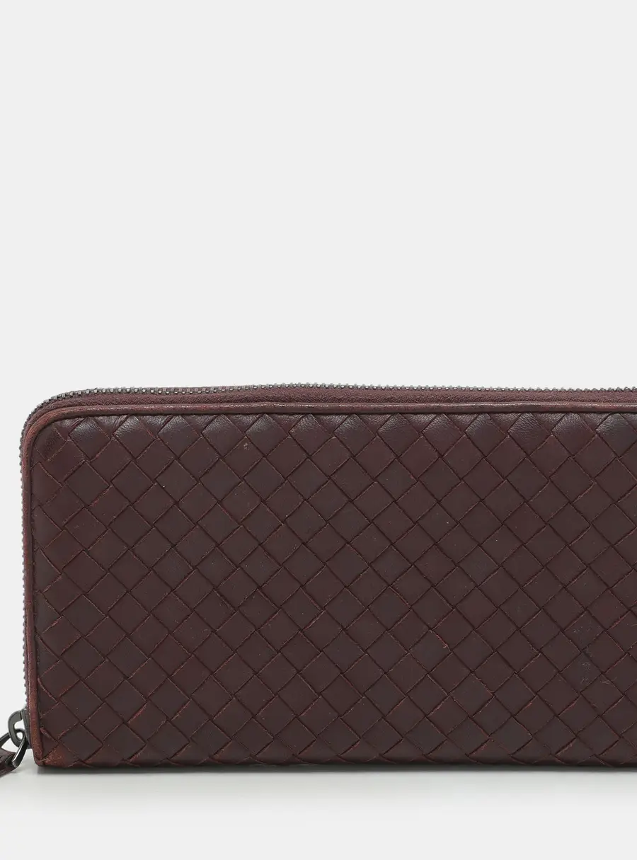 Bottega Veneta Burgundy Intrecciato Leather Zip Around Continental Wallet
