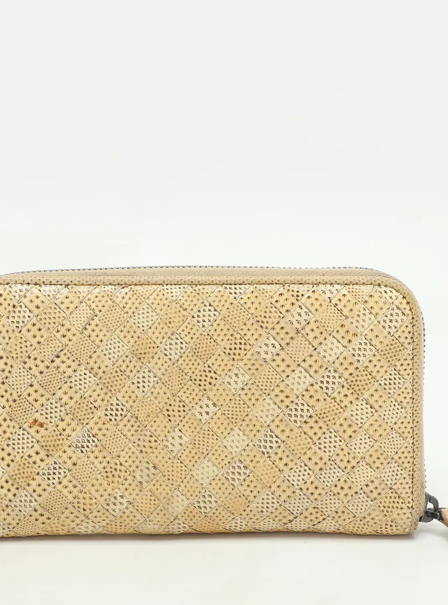 Bottega Veneta Lemon Washed Intrecciato Karung Leather Zip Around Wallet