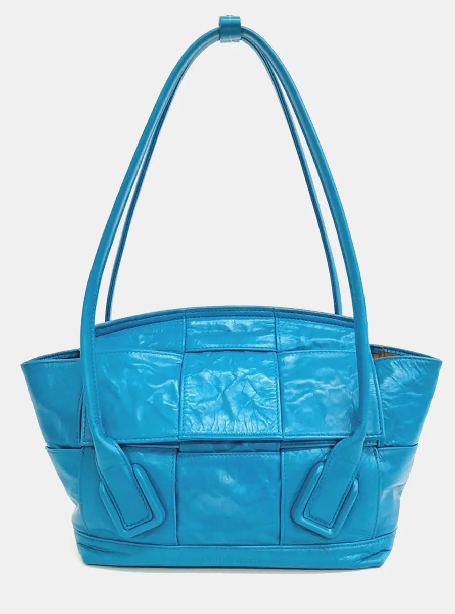 Bottega Veneta Arco Small Blue Crinkled Leather Top Handle Bag