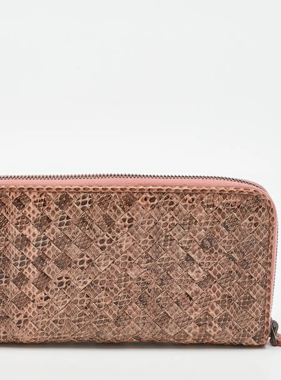 Bottega Veneta Peach/Brown Intrecciato Karung Leather Zip Continental Wallet