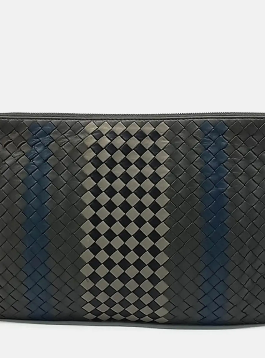 Bottega Veneta Tricolor Nappa Intrecciato Black Blue Gray Nappa Leather Clutch Bag