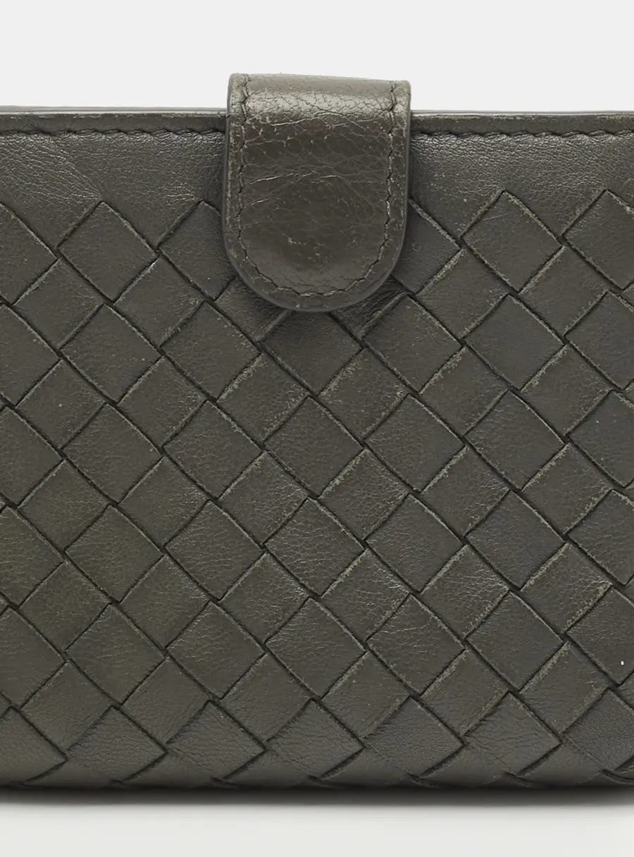 Bottega Veneta Grey Intrecciato Leather Flap French Wallet