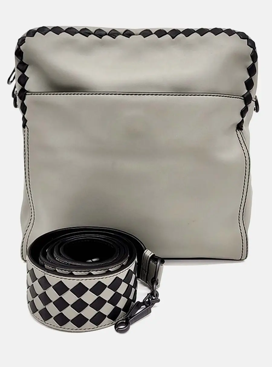 Bottega Veneta Intrecciato Medium Black Grey Leather Crossbody Bag