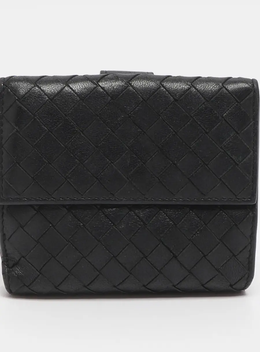 Bottega Veneta Black Intrecciato Leather French Wallet