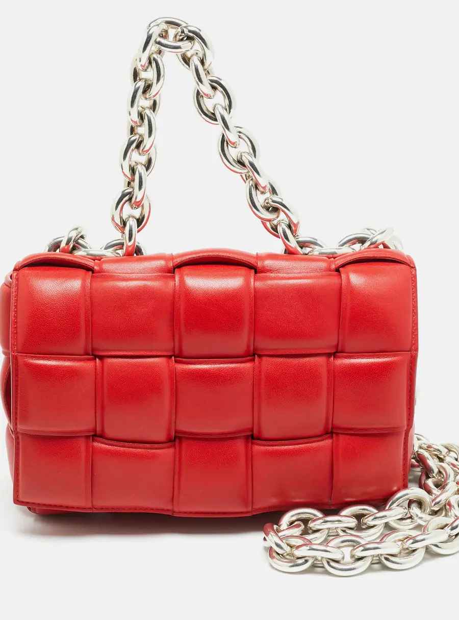 Bottega Veneta Cassette Chain Red Padded Leather Top Handle Bag