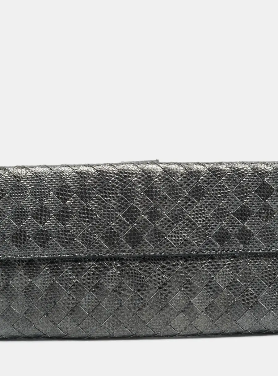 Bottega Veneta Grey Lizard Embossed Intrecciato Leather French Flap Wallet