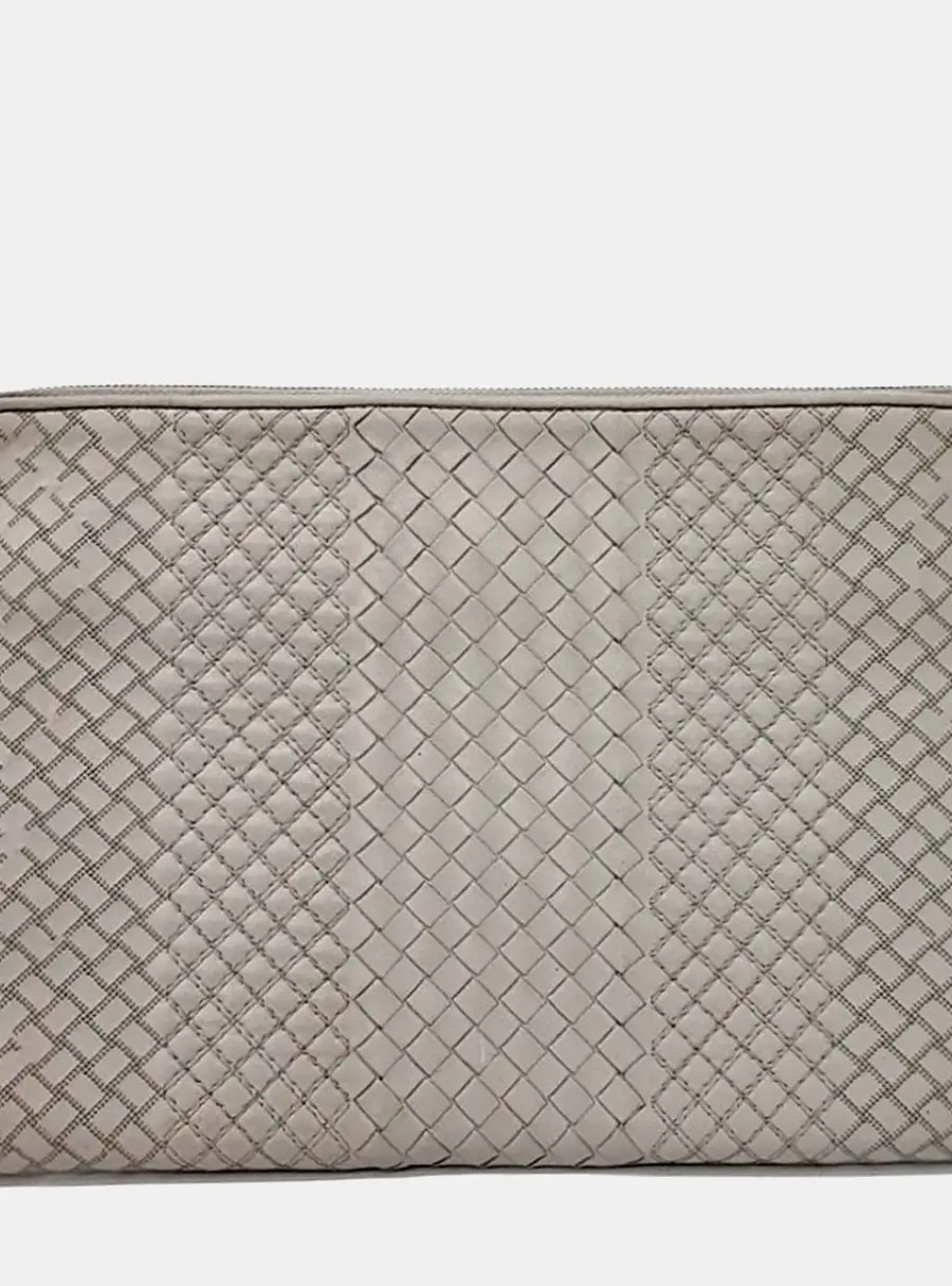 Bottega Veneta Intrecciato Grey Leather Clutch Bag